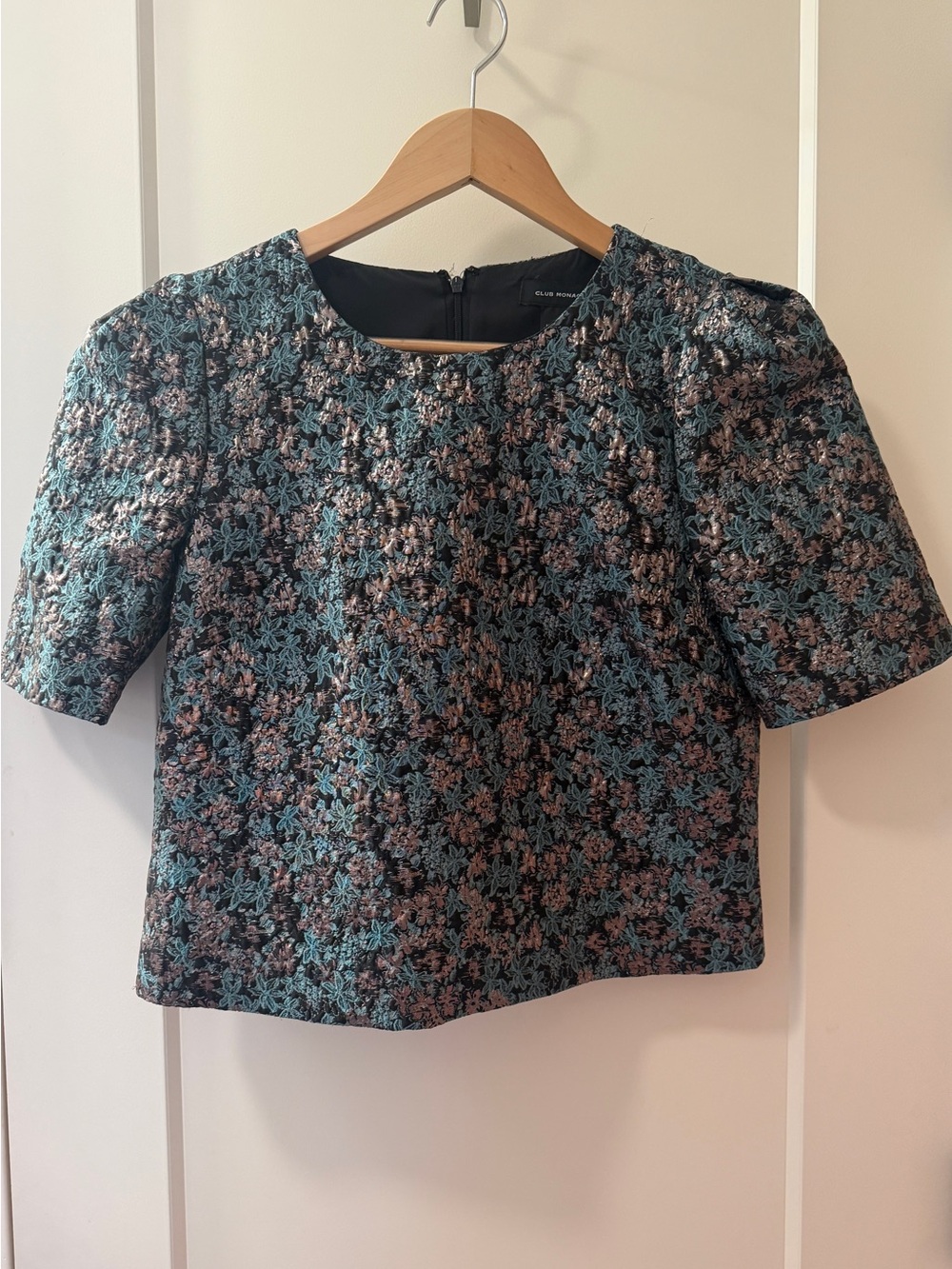 Club Monaco Teal, Black and Pink Floral Jacquard Top